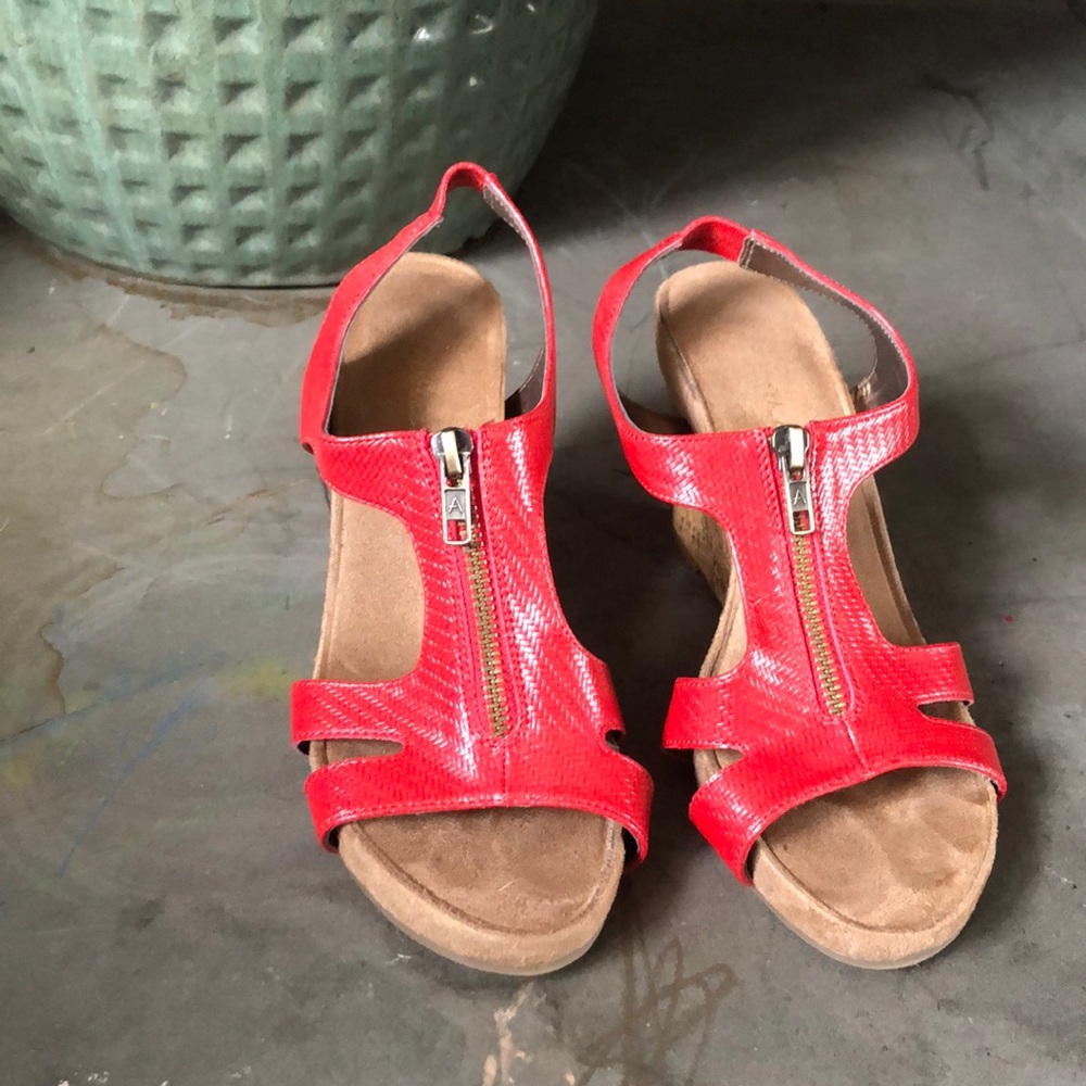 Red and Cork Strappy Plush Sole Wedges